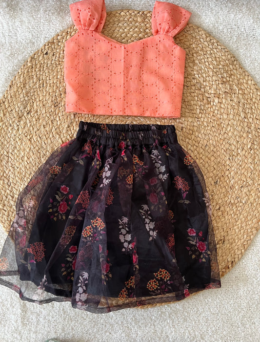 Peach with dark green skirt top