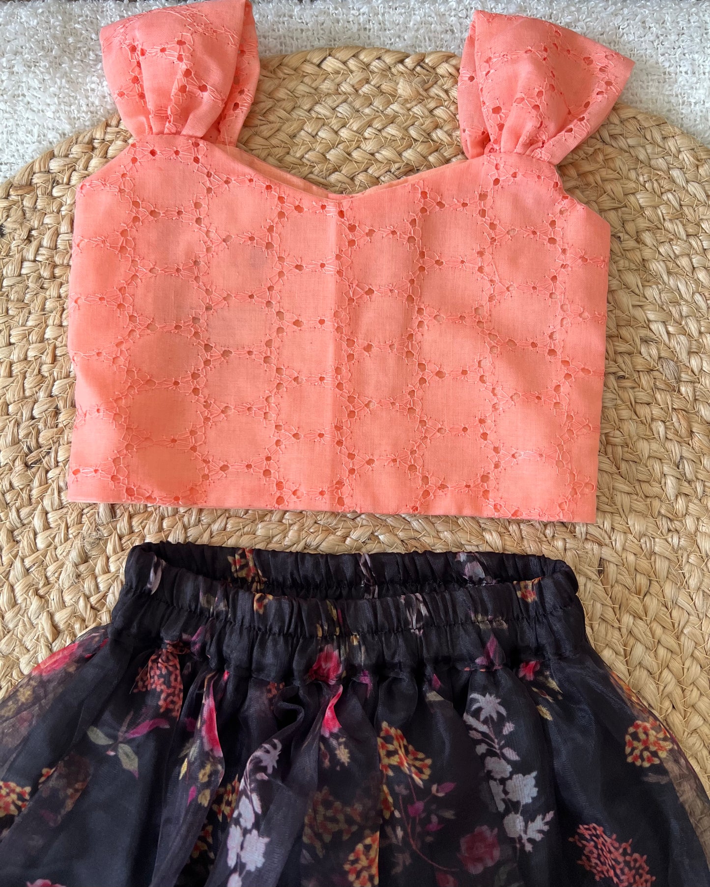 Peach with dark green skirt top