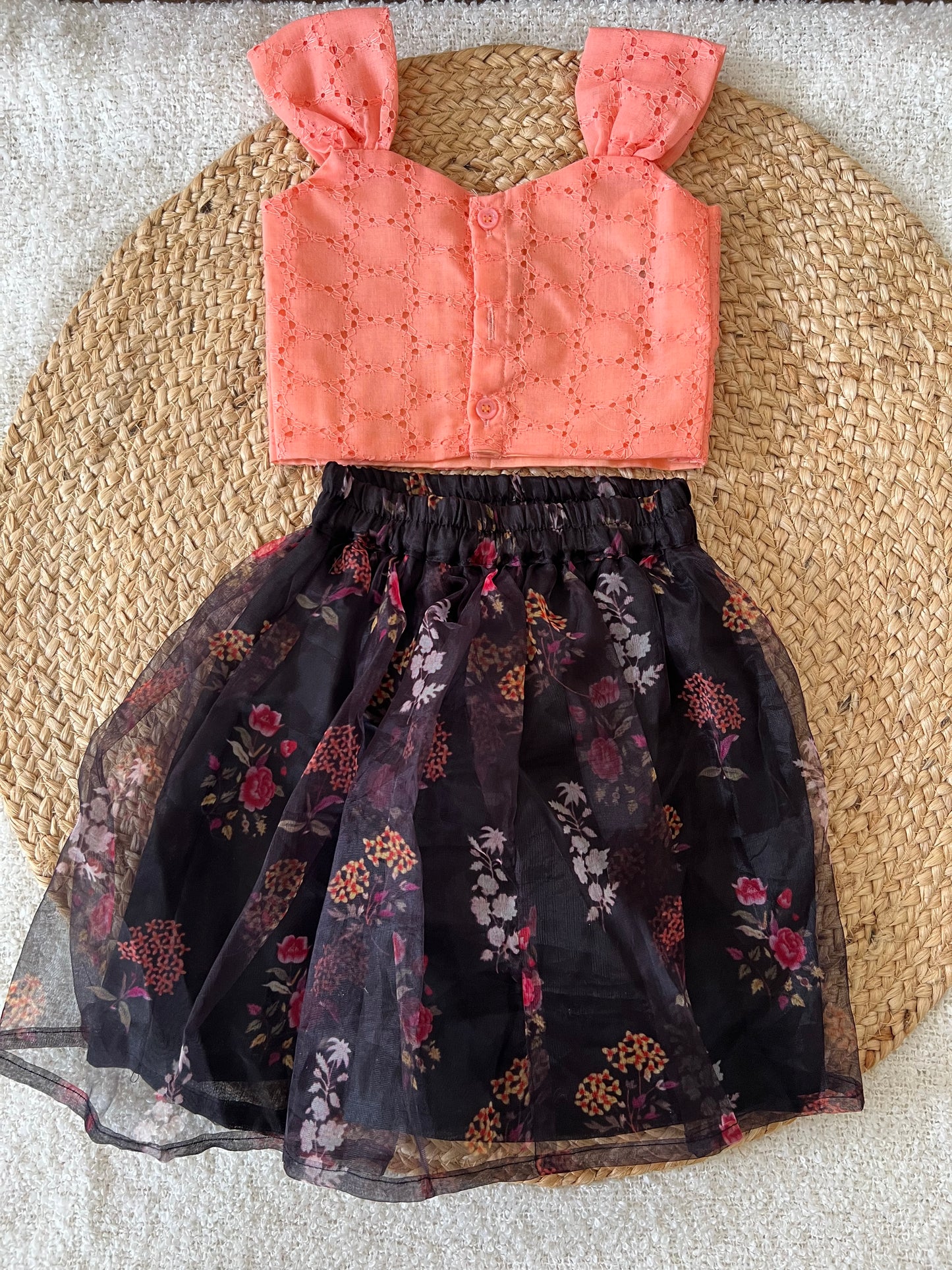 Peach with dark green skirt top